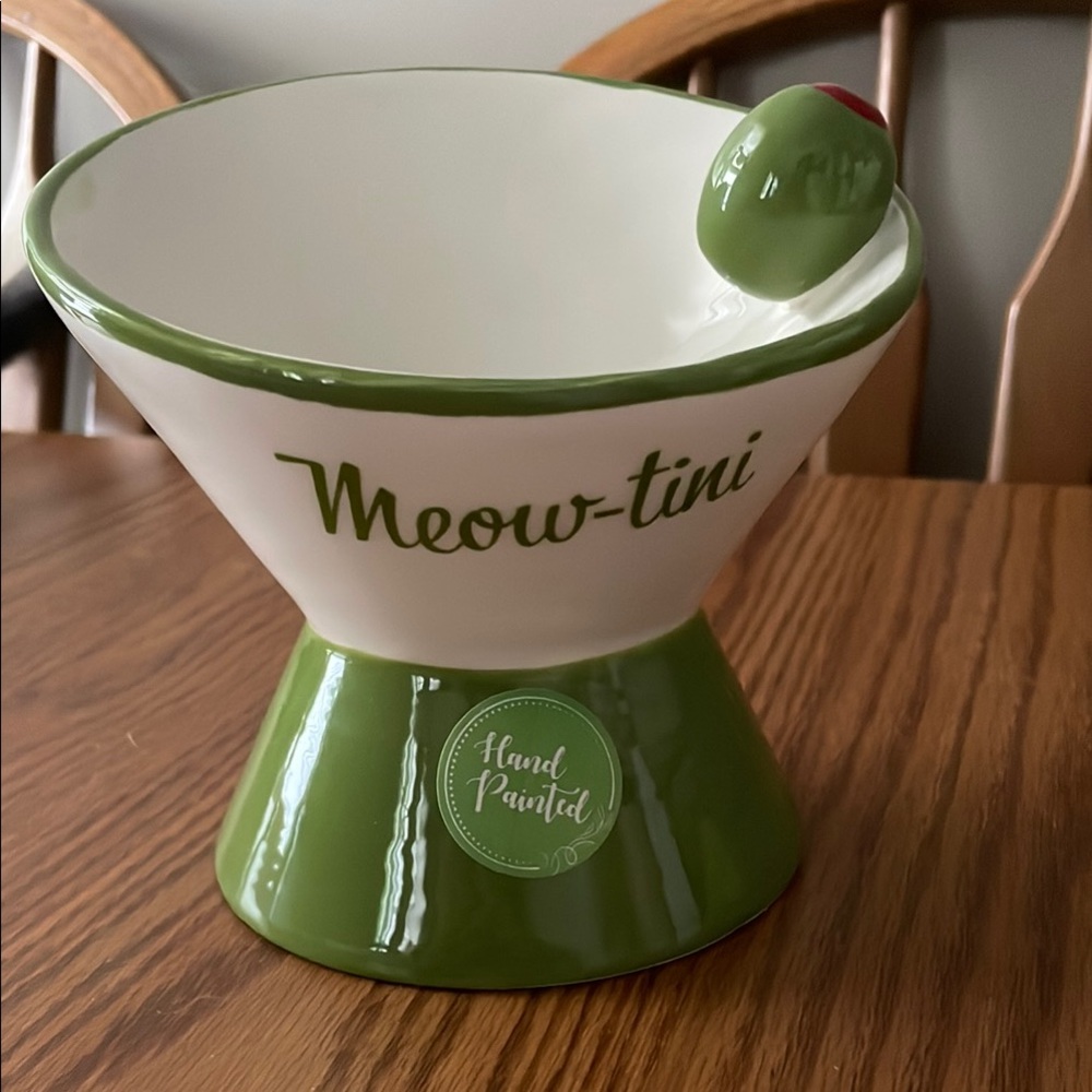 Green and White Meow-tini Bowl